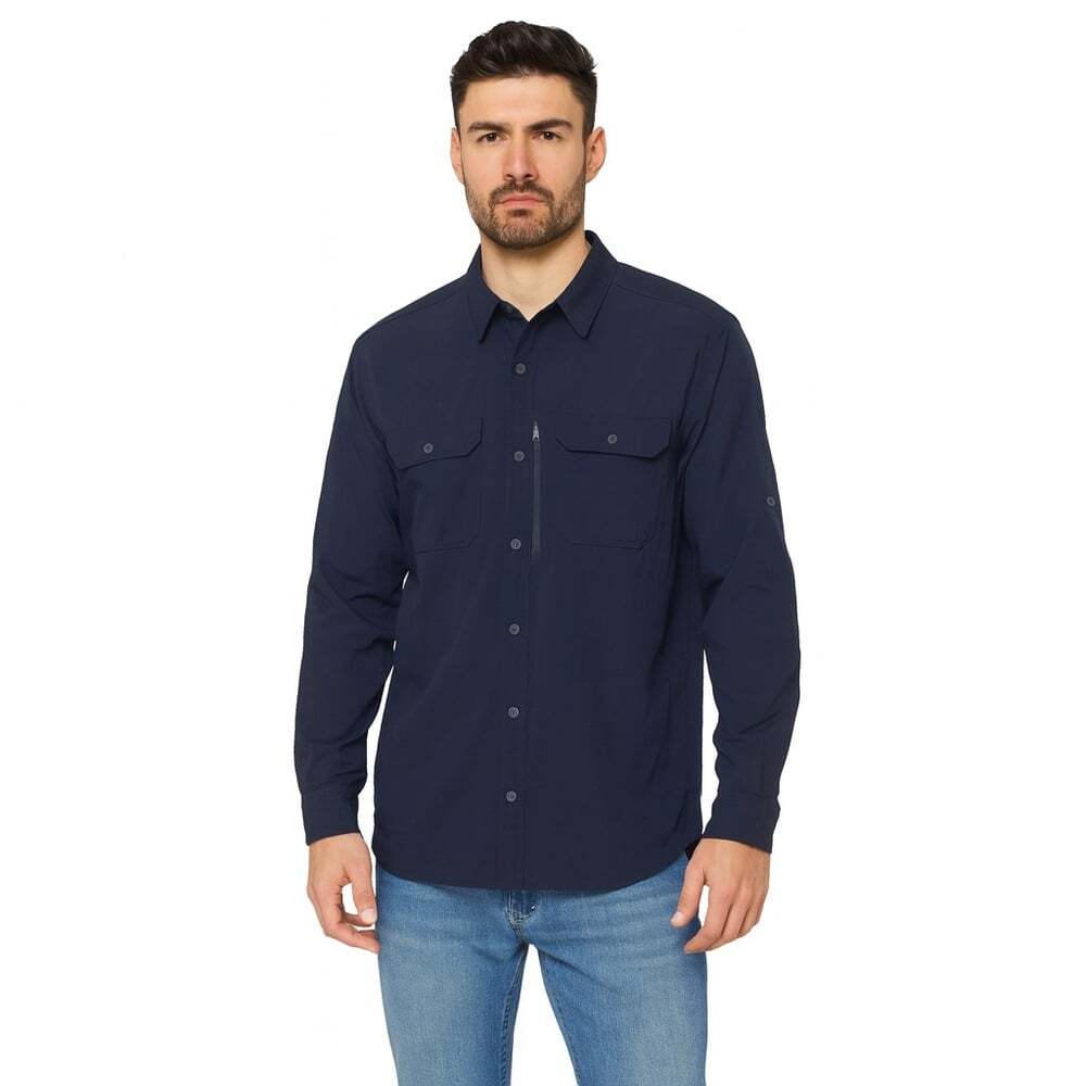 Eddie Bauer Navy Blue Nylon Roll Up Long Sleeved Casual Button Dress Shirt Large